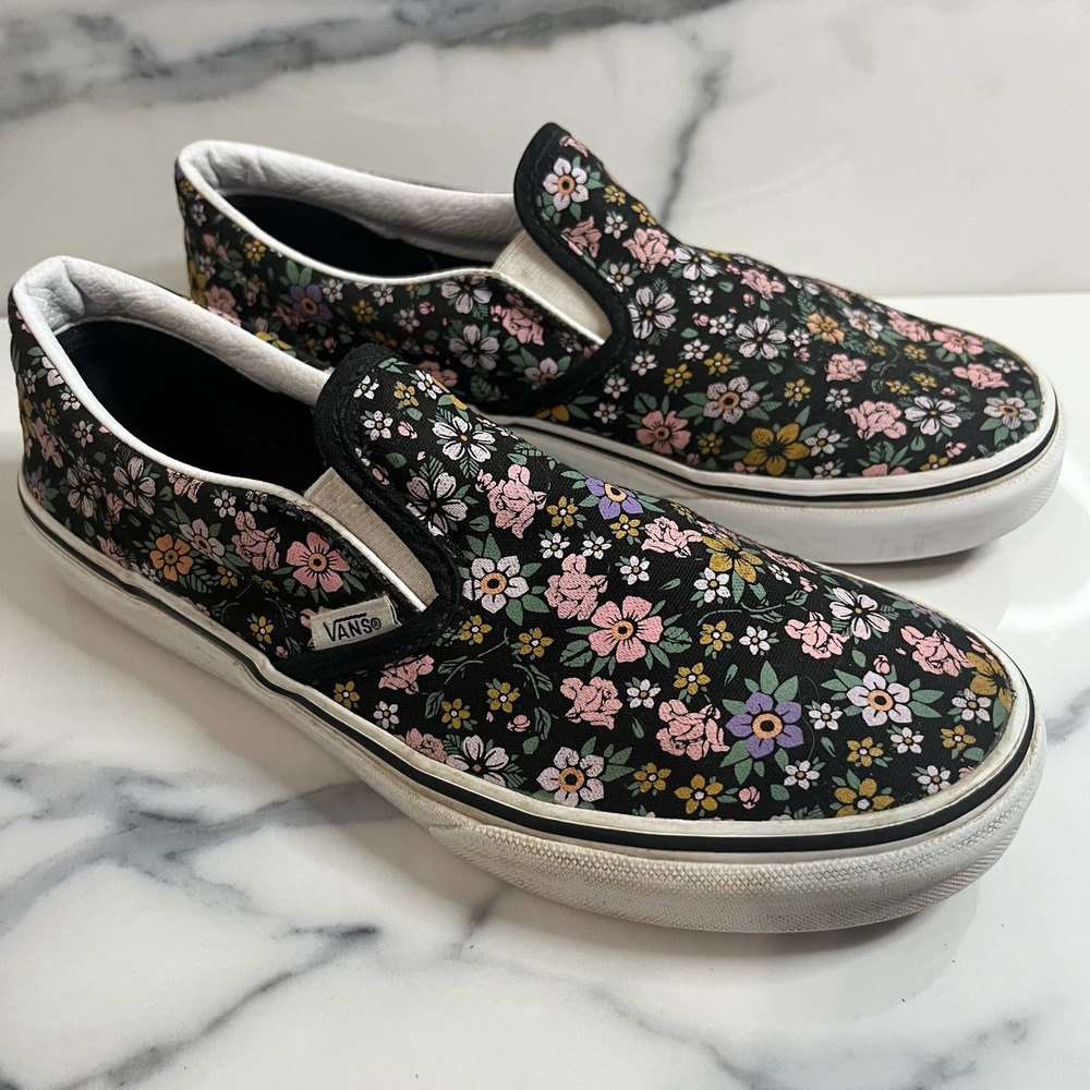 Vans | Old Skool Black Pink Floral Slip-Ons Junior Sz 6 Wm Sz 8